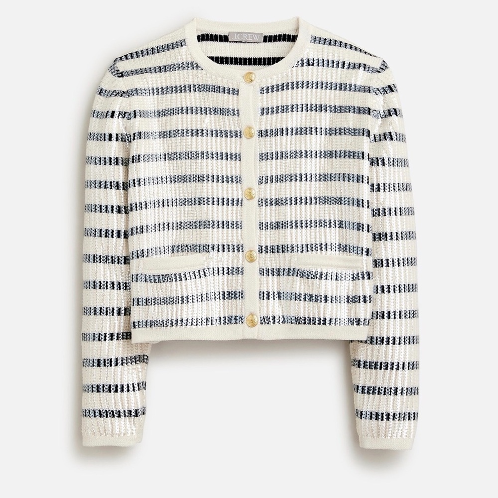 J Crew Emilie sweater lady jacket in sequin stripe medium black/white